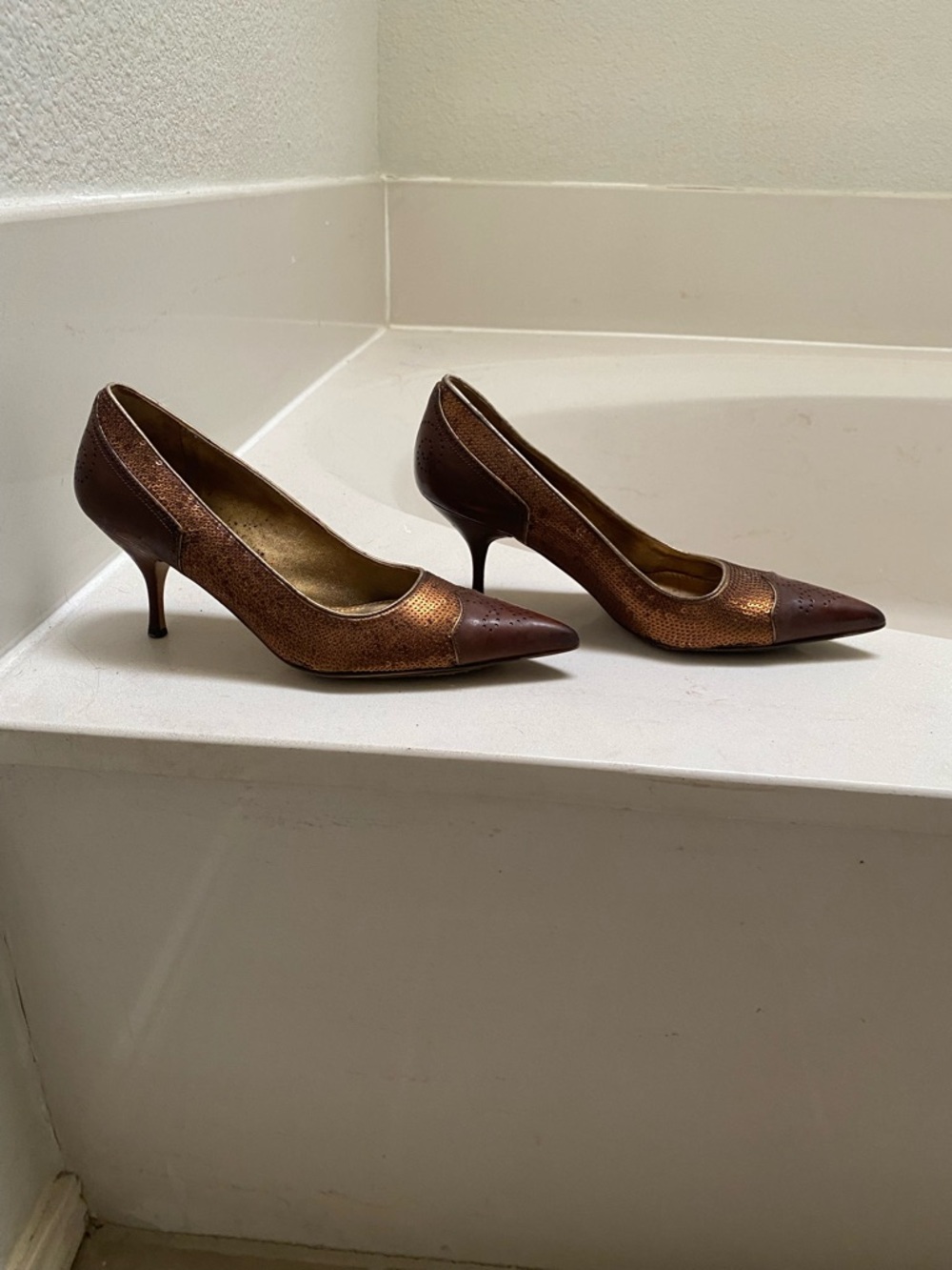 Prada Metallic Brown Pointed-Toe Kitten Heel Pumps 35 / 5